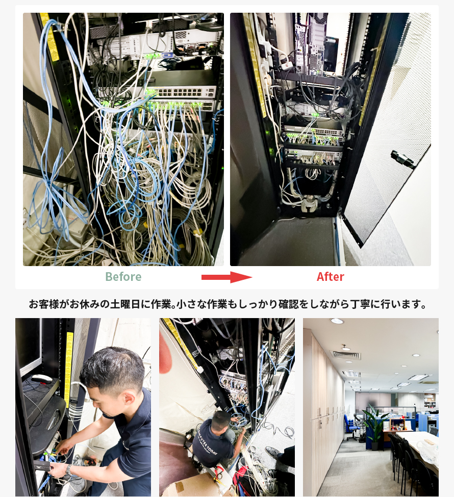 お客様がお休みの土曜日に作業。小さな作業もしっかり確認をしながら丁寧に行います。